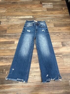 High-Rise Wide Leg Distressed Jeans - Blue